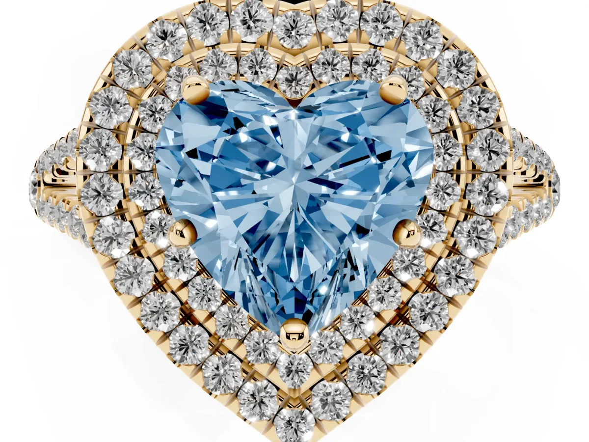 Fancy Blue Heart Cut Diamond Double Halo Ring with Pavé Band and Prong Setting Yellow gold