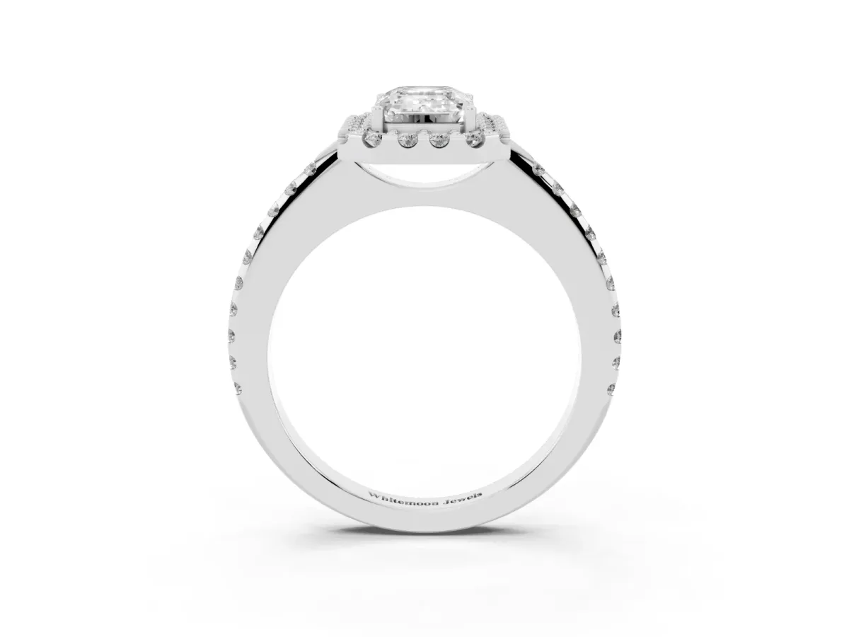 Emerald Cut Diamond Pavé Halo Ring with Four-Prong Setting Silver