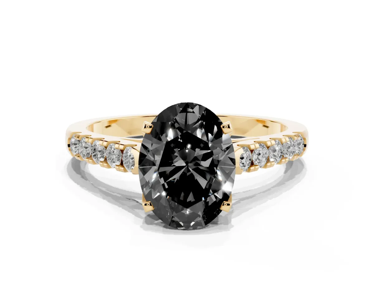 Fancy Black Oval Cut Diamond Pavé Band Solitaire Ring with Prong Setting Yellow gold