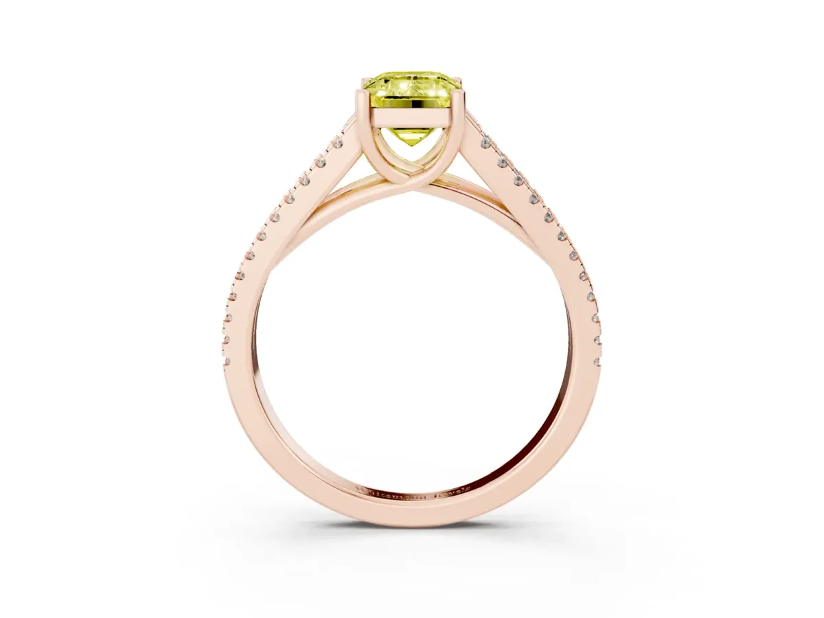 Fancy Yellow Emerald Cut Diamond Solitaire Engagement Ring with Split Shank Pavé Band Rose gold