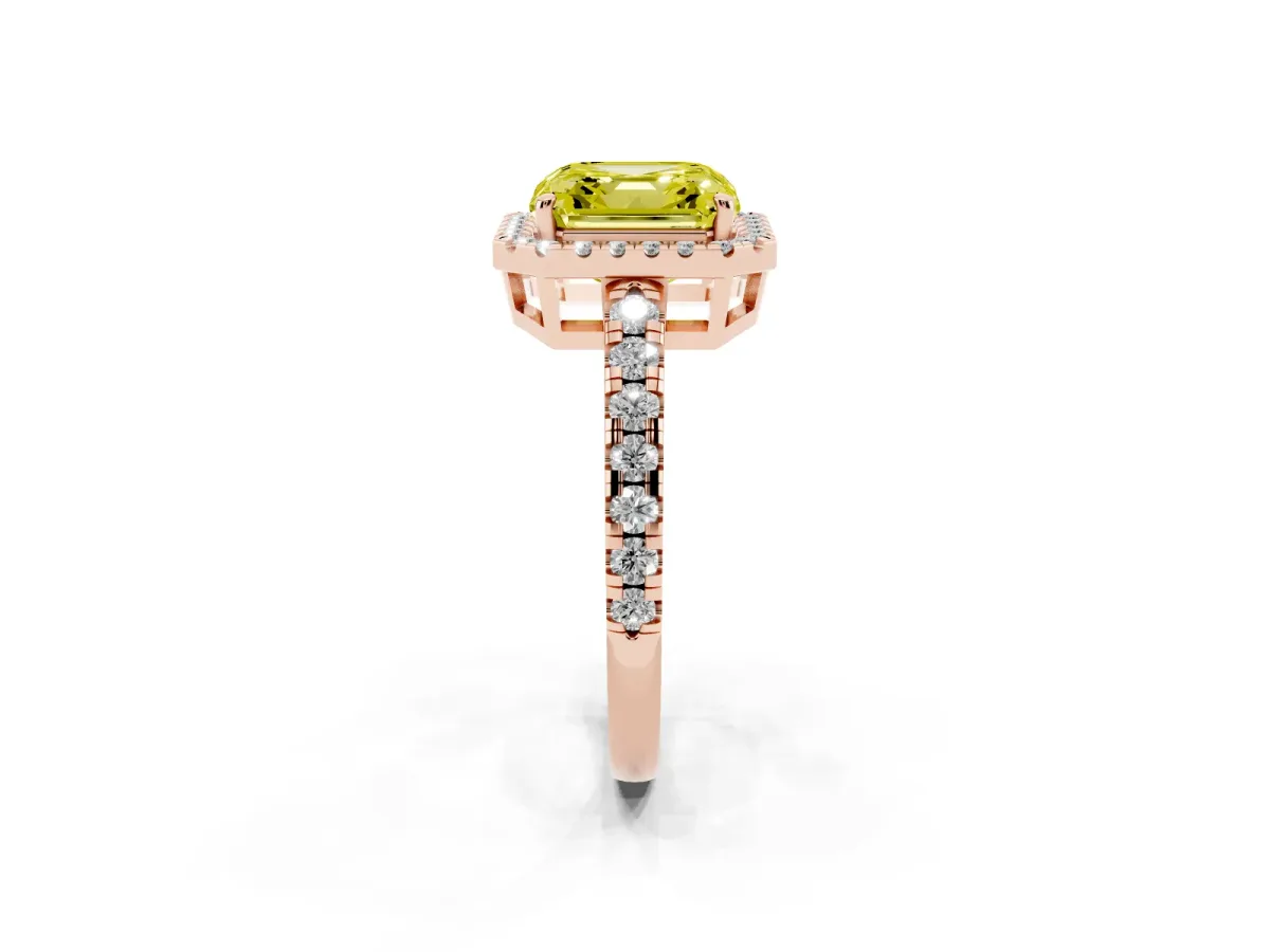 Fancy Yellow Asscher Cut Diamond Halo Ring with Pavé Band and Four-Prong Setting Rose gold