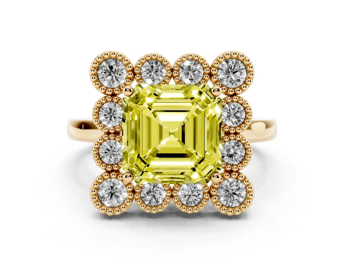 Fancy Yellow Asscher Cut Halo Diamond Cluster Engagement Ring with Milgrain Bezel Setting and Solitaire Band Yellow gold