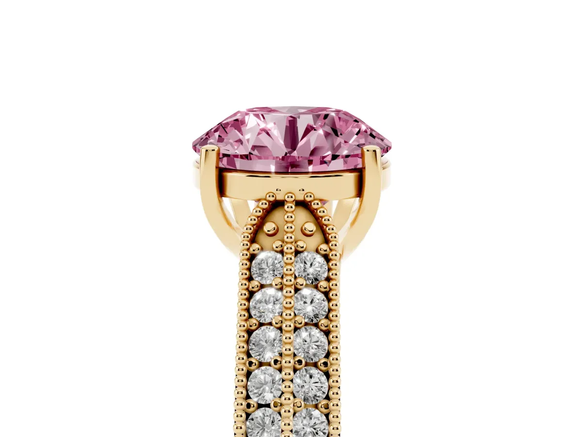 Fancy Pink Round Cut Cut Pave Split Shank Engagement Ring with Four-Prong Setting Yellow gold