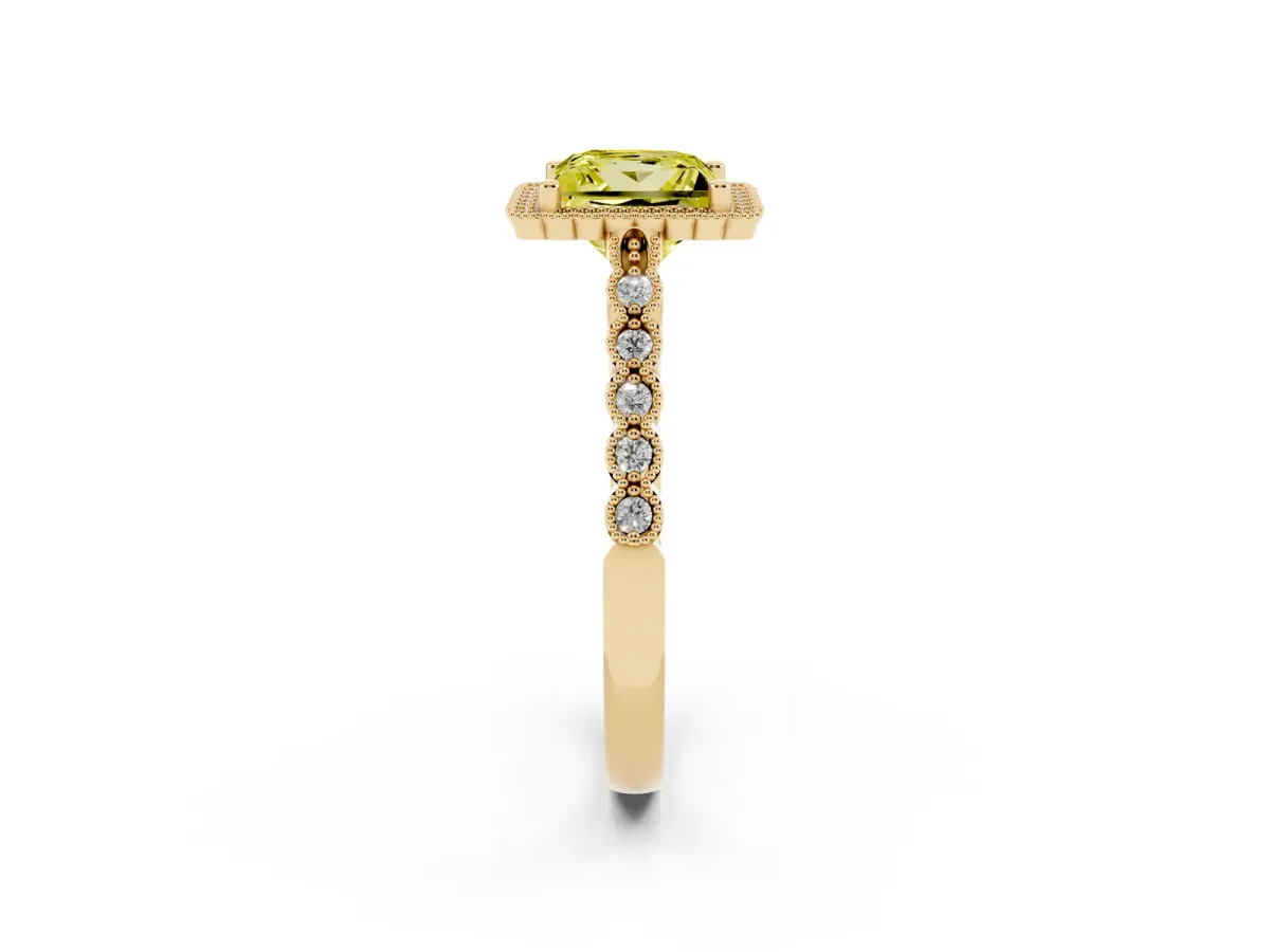 Fancy Yellow Princess Cut Cut Halo Pavé Solitaire Ring with Milgrain Band Yellow gold