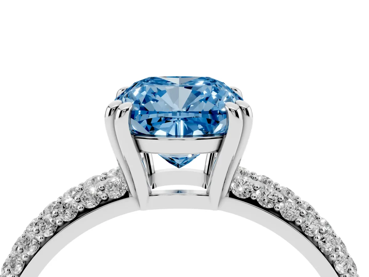 Fancy Blue Cushion Cut Diamond Solitaire Ring with Multi-Row Round Pavé Band and Prong Setting Silver