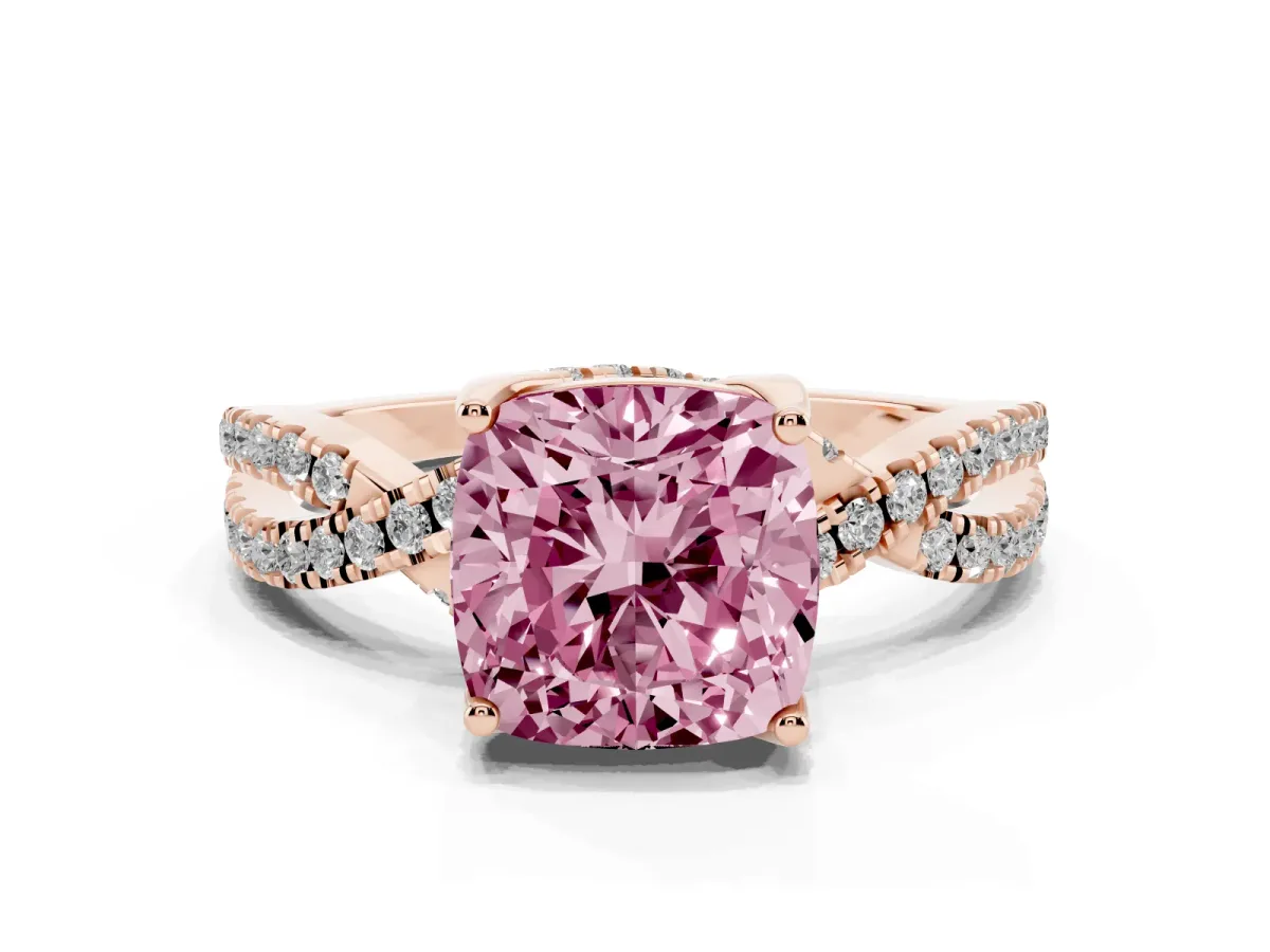 Fancy Pink Cushion Cut Solitaire Twist Pave Diamond Engagement Ring with Prong Setting Rose gold
