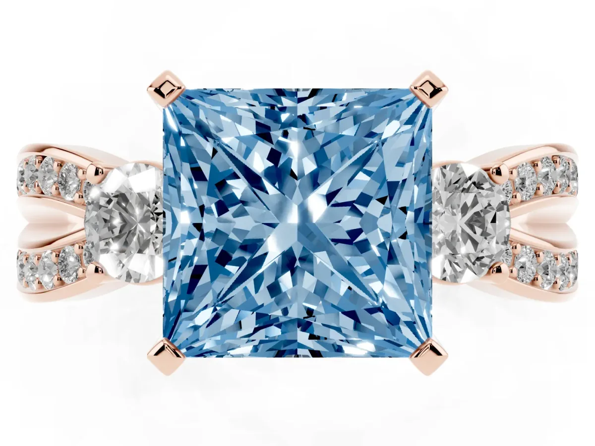 Fancy Blue Three-Stone Princess Cut Cut Diamond Twist Band with Prong Setting Rose gold