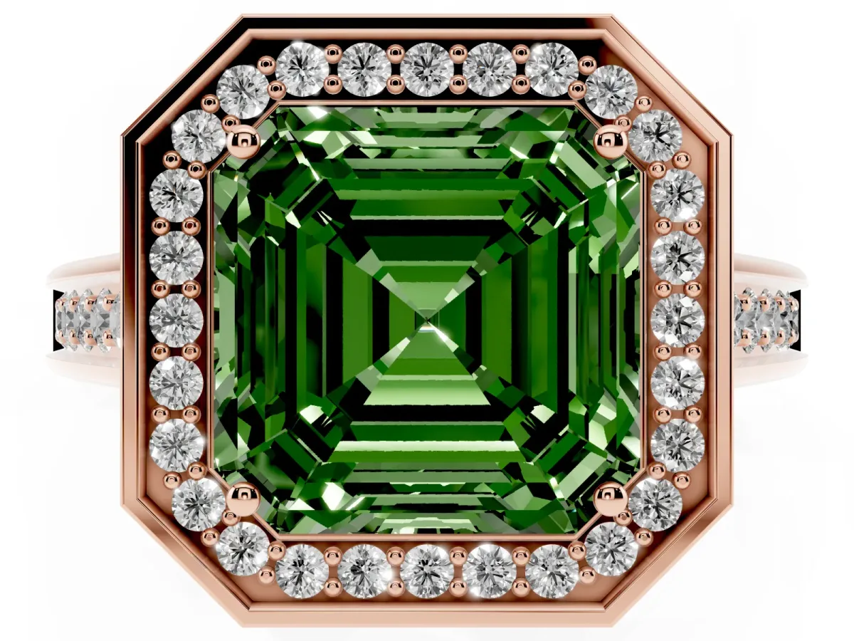 Fancy Green Asscher Cut Halo Solitaire Diamond Ring with Pave Band and Bezel Setting Rose gold