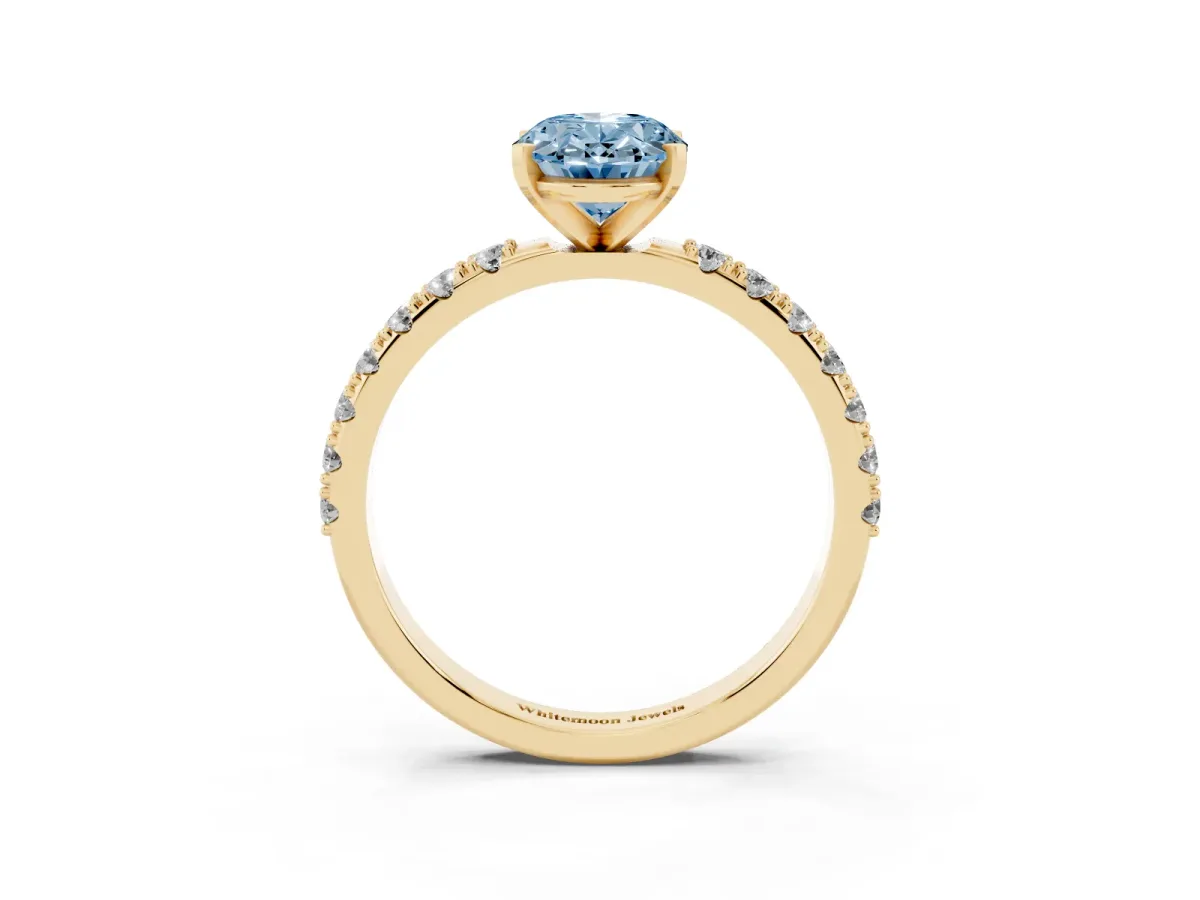 Fancy Blue Oval Cut Diamond Solitaire Pavé Band with Four-Prong Setting Yellow gold
