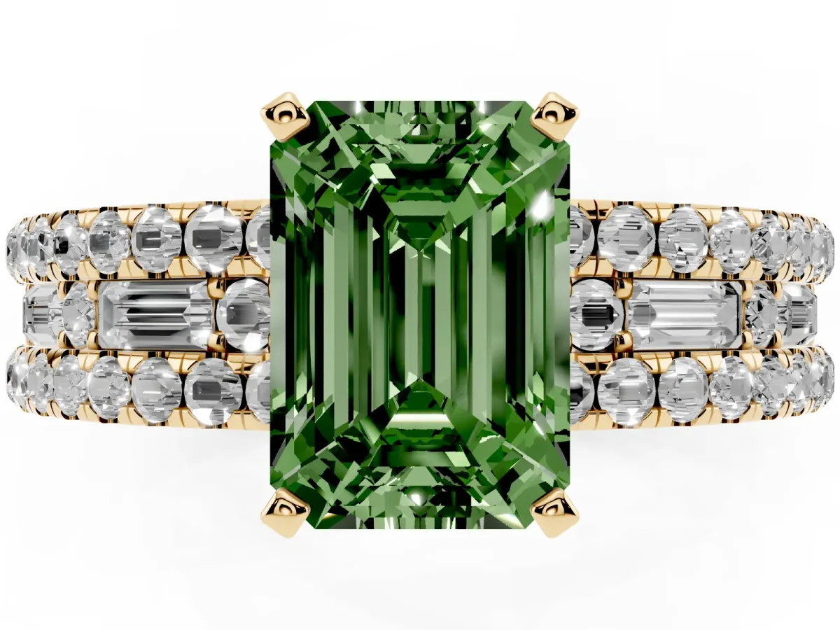 Fancy Green Emerald Cut Diamond Solitaire Ring with Pavé and Channel Set Band Yellow gold