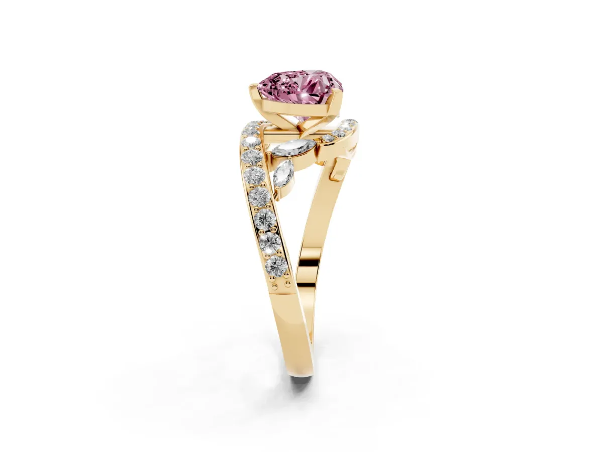 Fancy Pink Heart Cut Solitaire with Pavé Twist Band and Four-Prong Setting Yellow gold