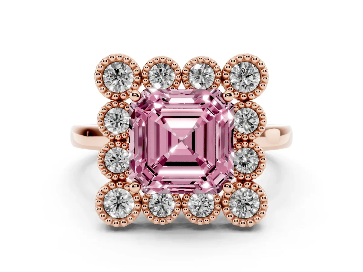 Fancy Pink Asscher Cut Halo Diamond Cluster Engagement Ring with Milgrain Bezel Setting and Solitaire Band Rose gold