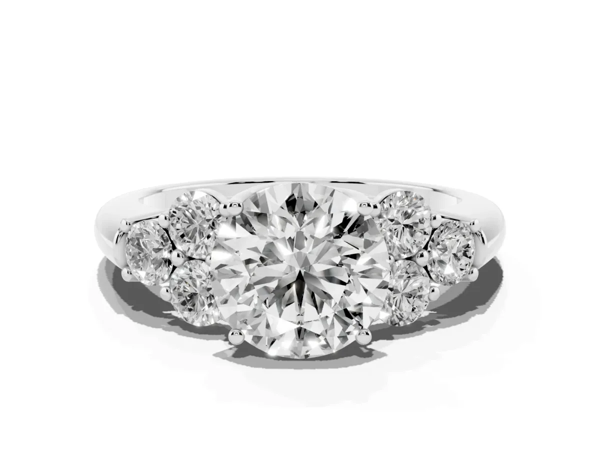 Round Cut Cut Diamond Cluster Ring with Round Accent Stones and Prong Setting on a Classic Band Silver