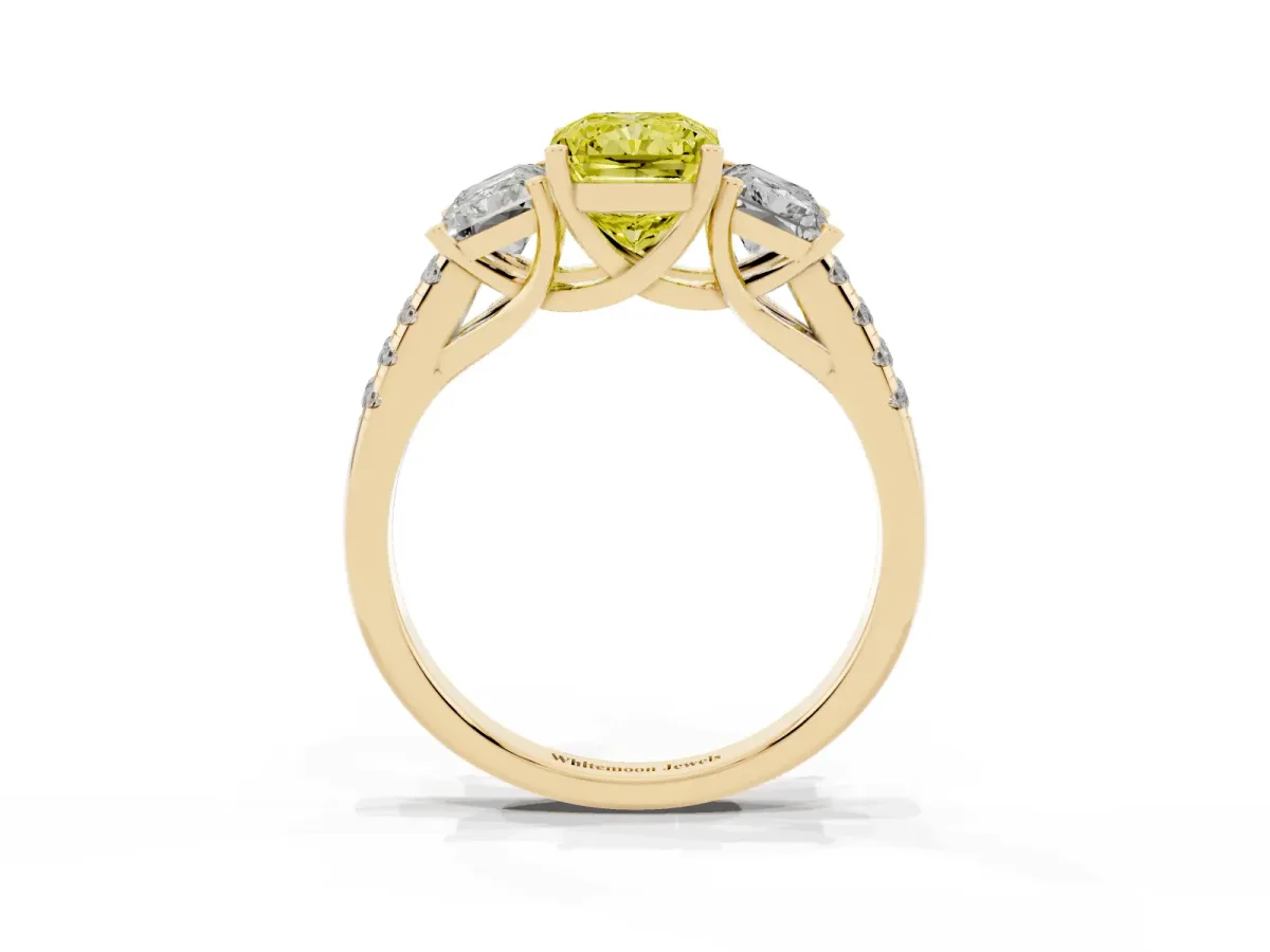 Fancy Yellow Three-Stone Radiant Cut Diamond Ring with Round Pavé Band and Prong Setting Yellow gold