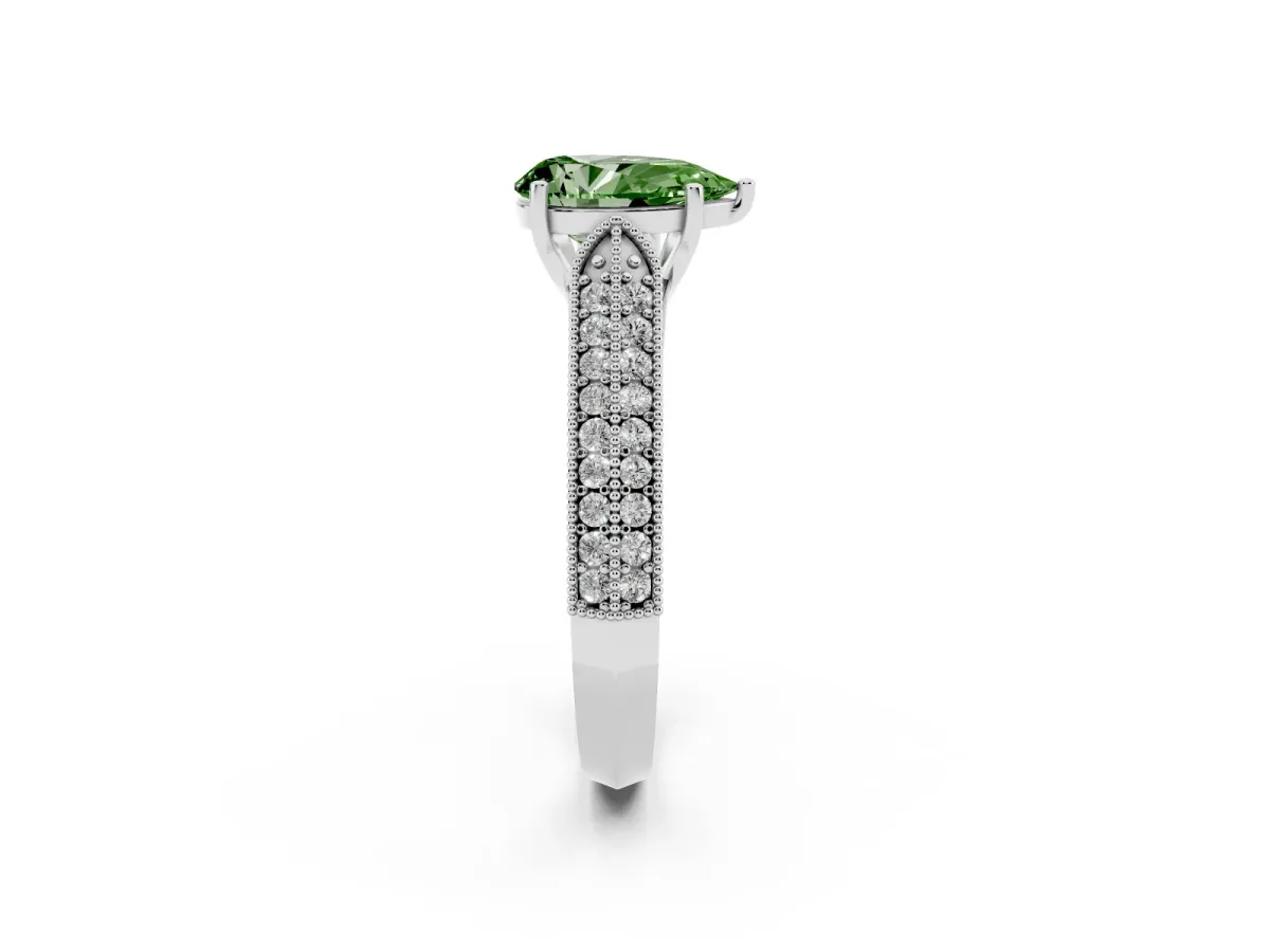 Fancy Green Pear Cut Cut Pave Split Shank Engagement Ring with Four-Prong Setting Silver
