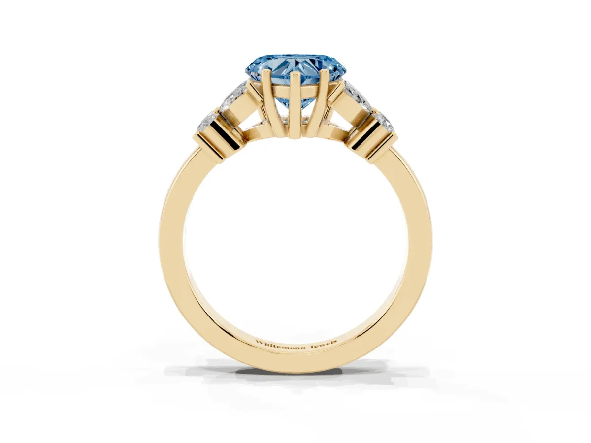 Fancy Blue Heart Cut Diamond Floral Cluster Ring with Solitaire Band and Prong Setting Yellow gold