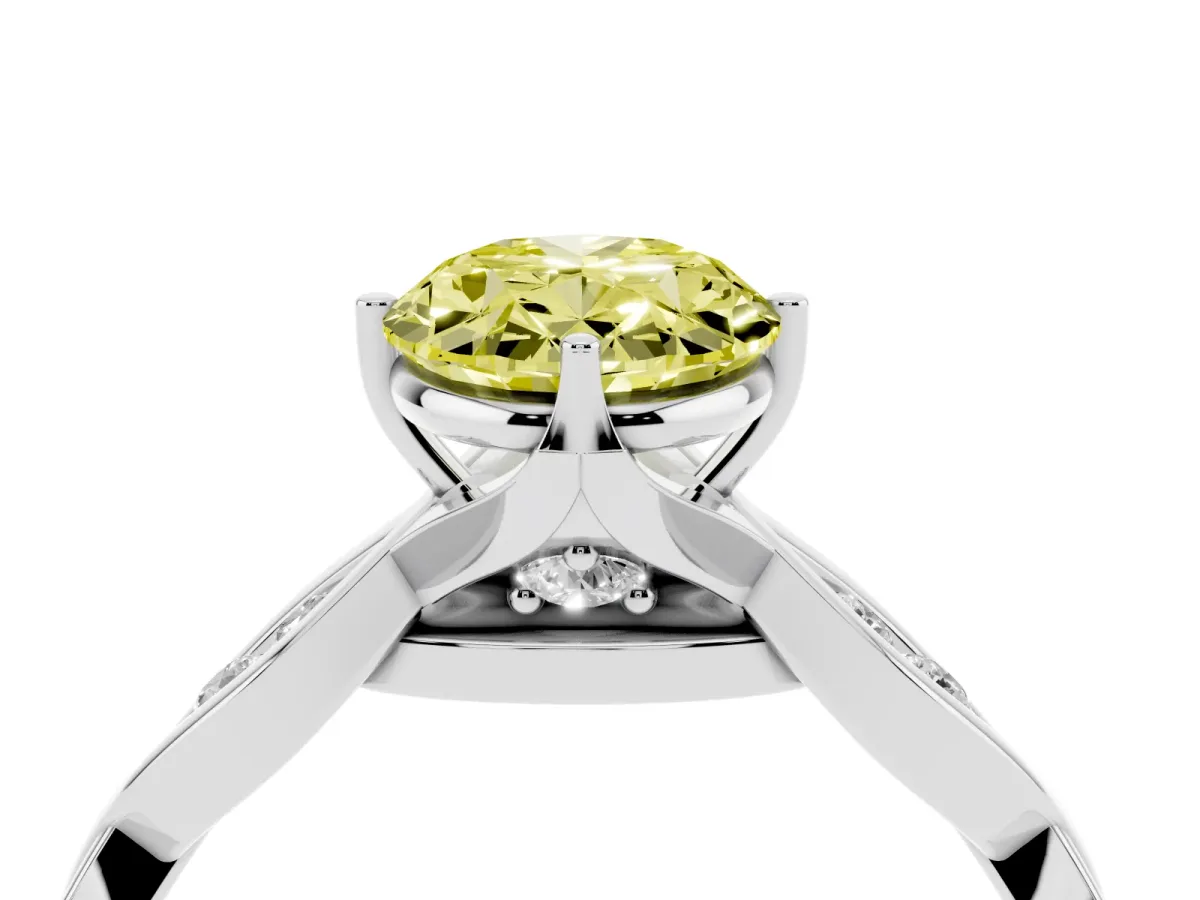 Fancy Yellow Oval Cut Solitaire Twist Band with Leaf Prong Setting White gold