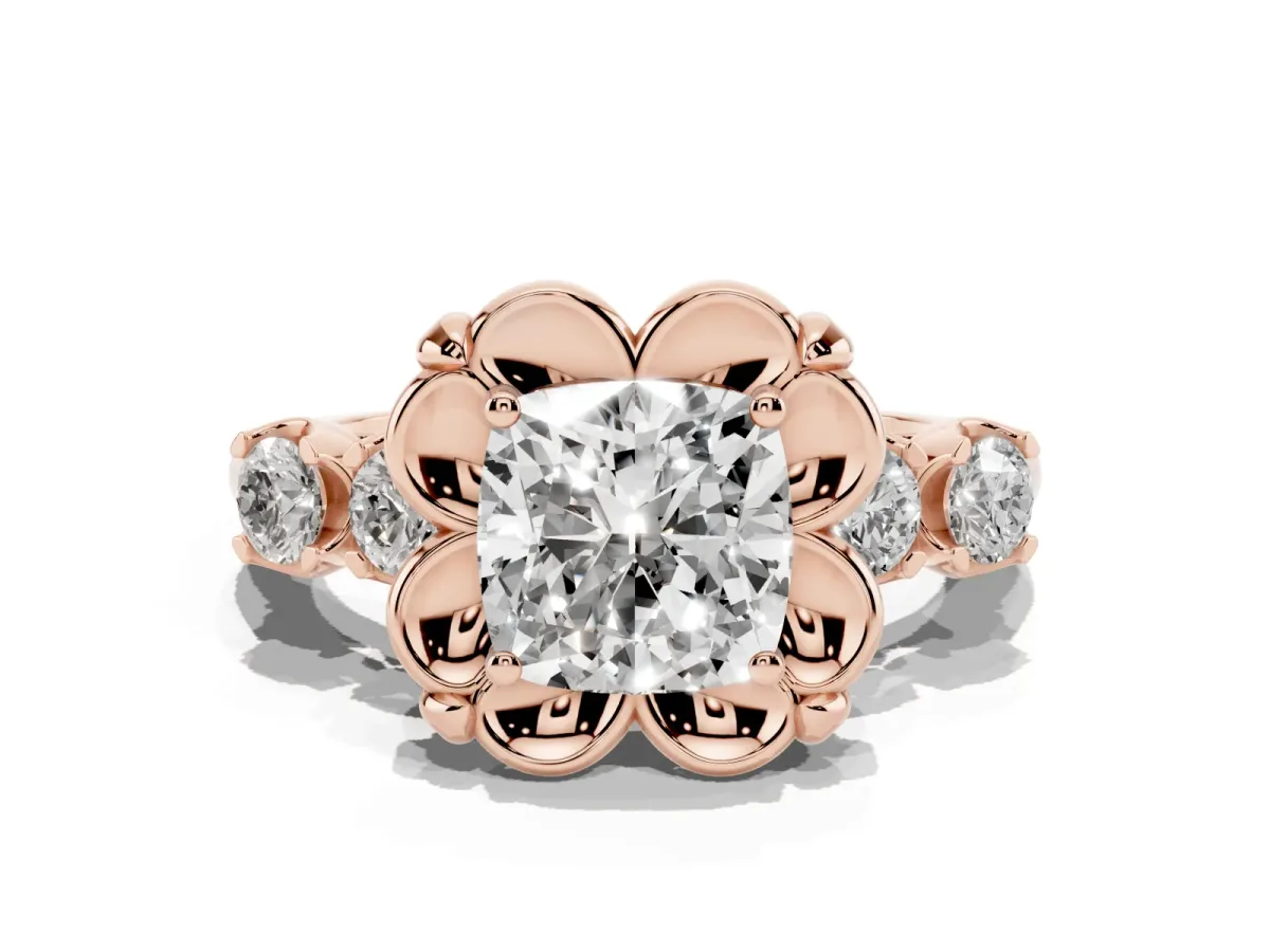 Cushion Cut Cut Diamond Floral Halo Engagement Ring with Shared Prong Setting Rose gold