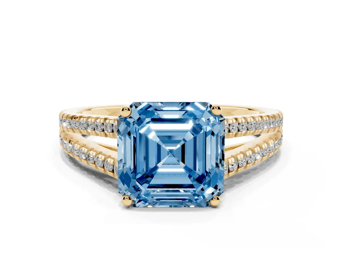 Fancy Blue Asscher Cut Diamond Solitaire Engagement Ring with Split Shank Pavé Band Yellow gold