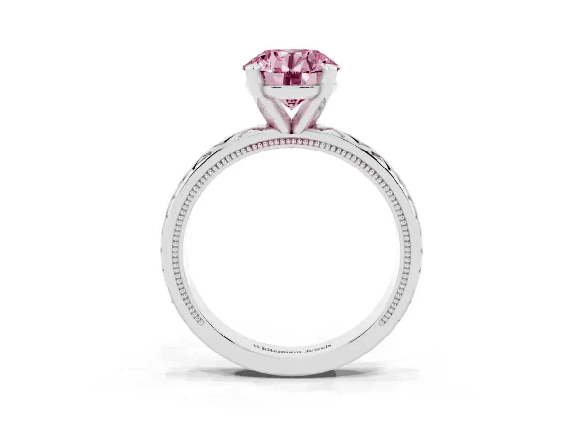 Fancy Pink Round Cut Solitaire Diamond Ring with Milgrain and Black Enamel X Pattern Band Silver