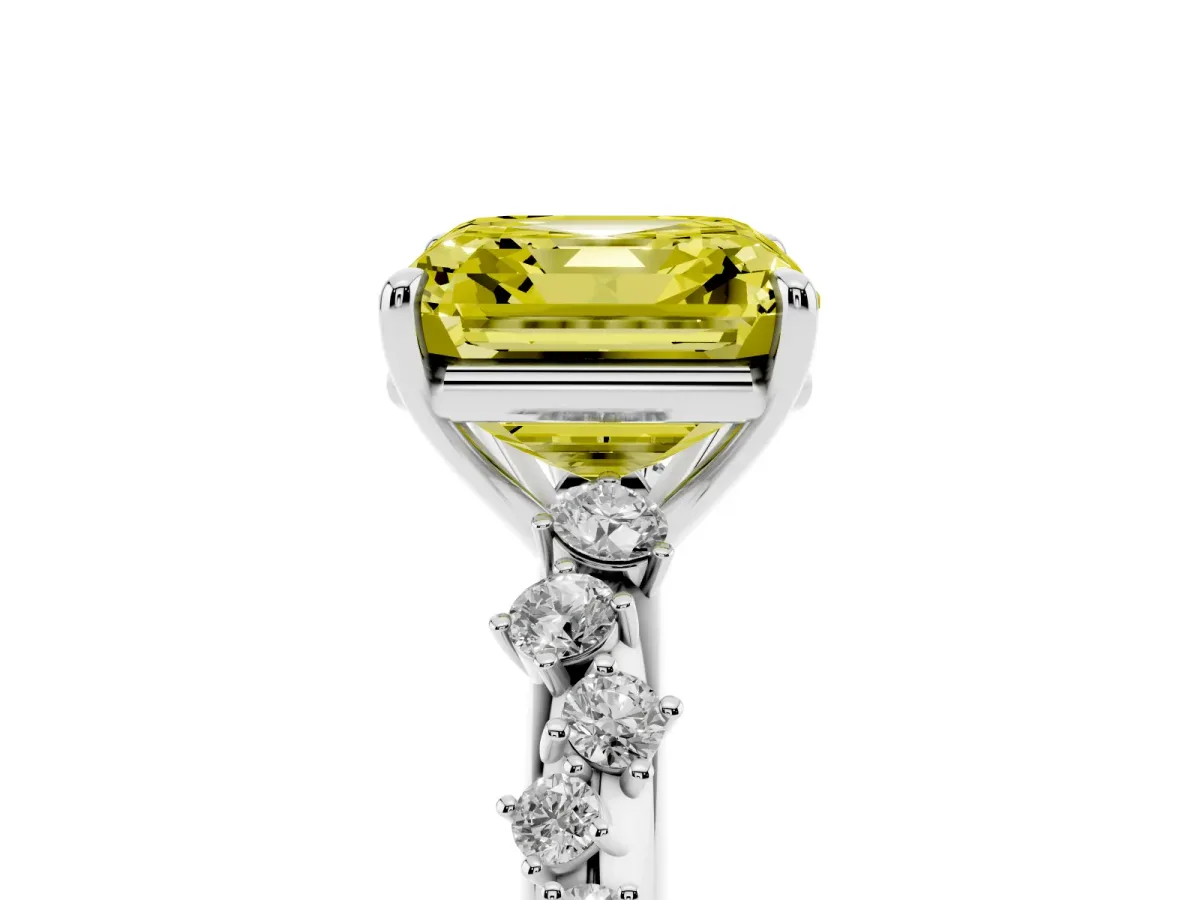 Fancy Yellow Asscher Cut Diamond Cluster Side Stone Solitaire Ring with Prong Setting Platinum