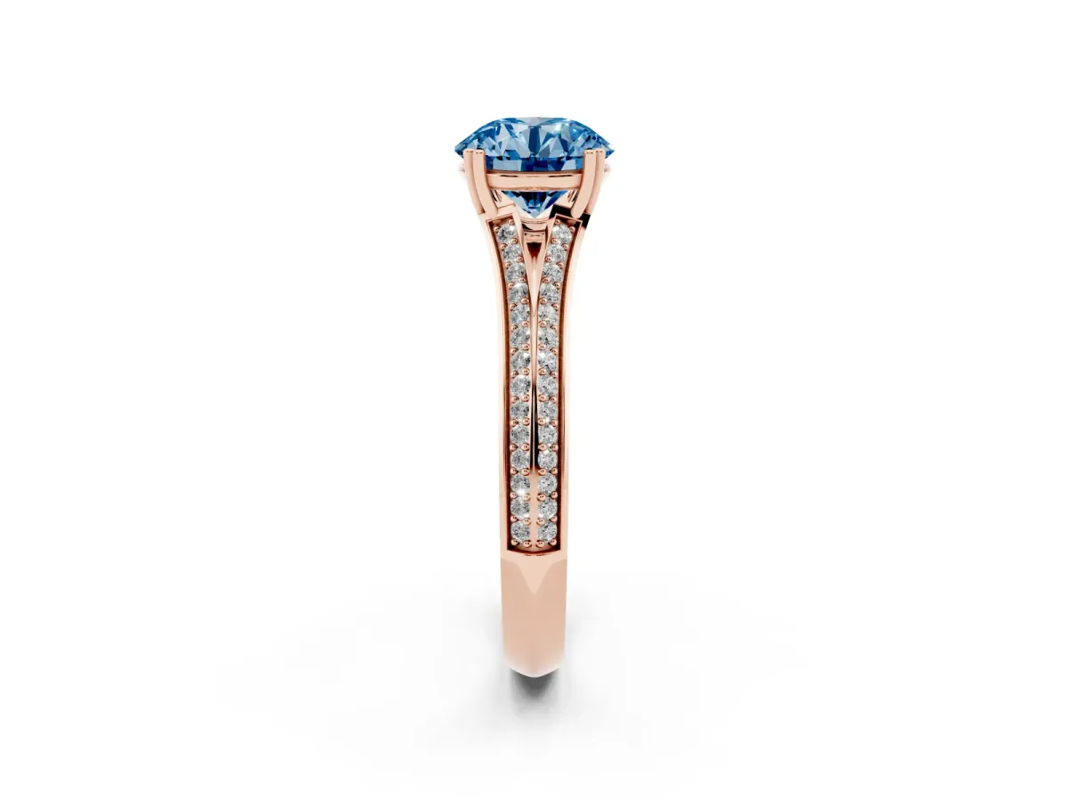 Fancy Blue Round Cut Diamond Split Shank Engagement Ring with Pavé Band Rose gold