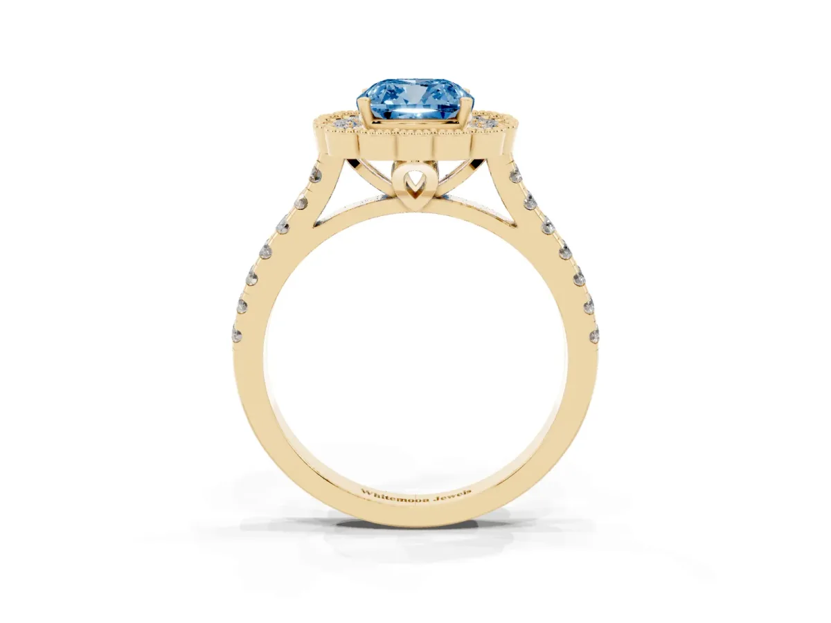 Fancy Blue Cushion Cut Cut Diamond Milgrain Floral Halo Engagement Ring with Pavé Band Yellow gold