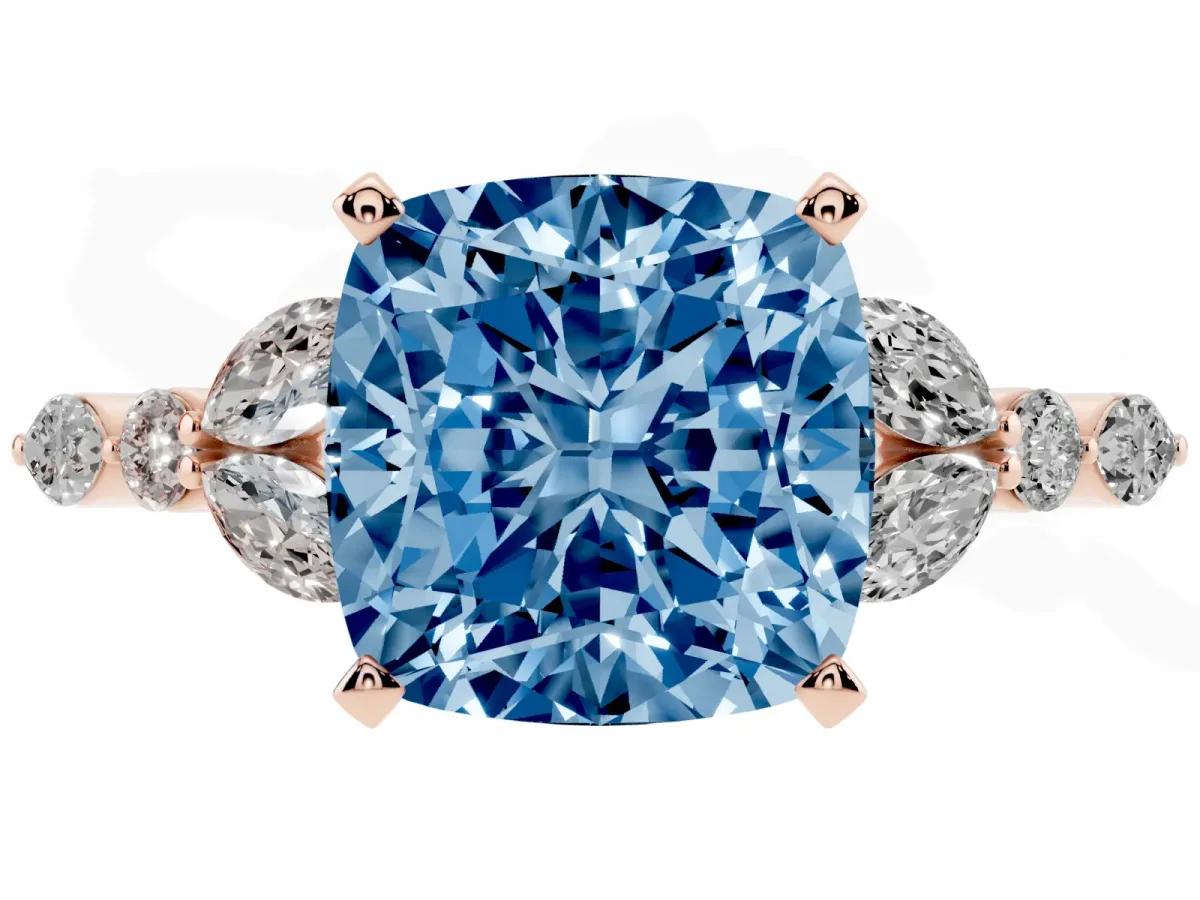 Fancy Blue Cushion Cut Diamond Solitaire Ring with Side Stones and Four-Prong Setting Rose gold