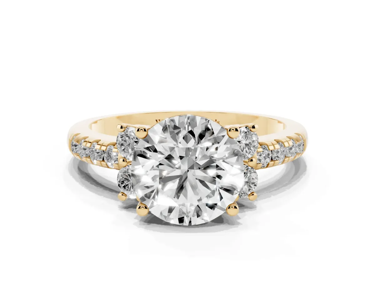 Round Cut Diamond Three-Stone Pave Band with Four-Prong Setting Yellow gold