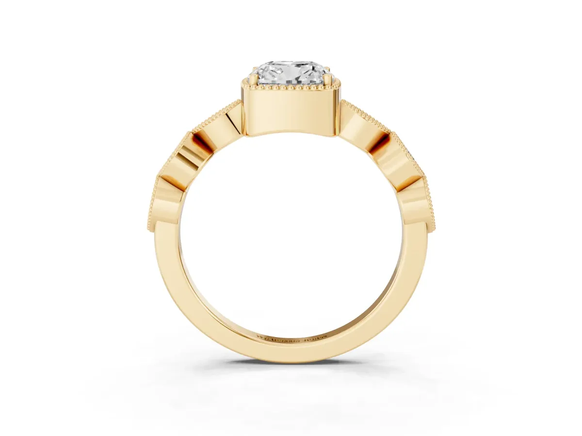 Cushion Cut Diamond Vintage Milgrain Ring with Round Stations Yellow gold