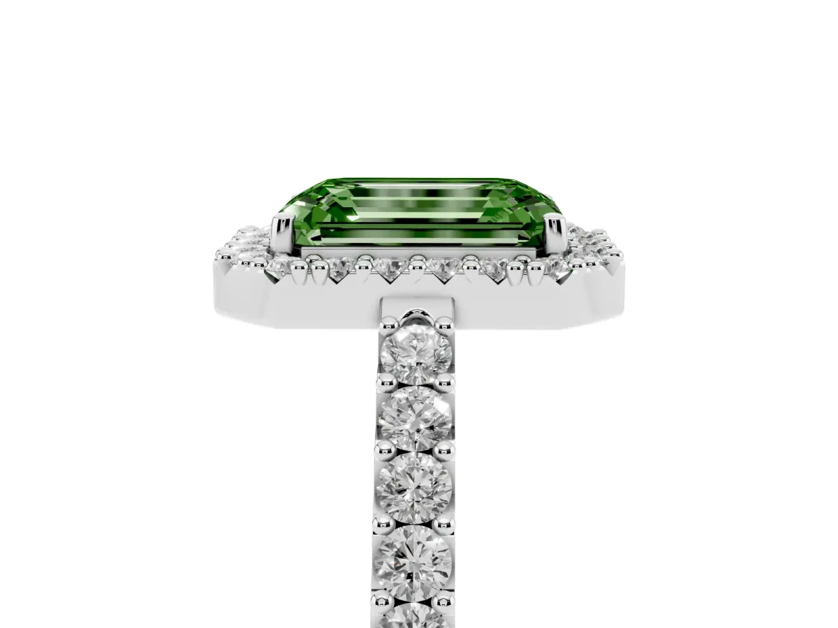 Fancy Green Emerald Cut Halo Diamond Pavé Solitaire Ring Silver