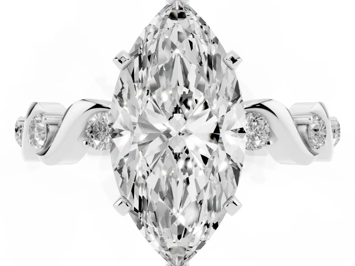 Marquise Cut Diamond Solitaire Twisted Band with Round Accents and Prong Setting Platinum