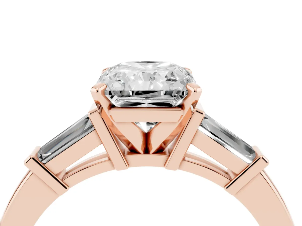 Radiant Cut Cut Diamond Solitaire Ring with Tapered Baguette Accents and Four-Prong Setting Rose gold