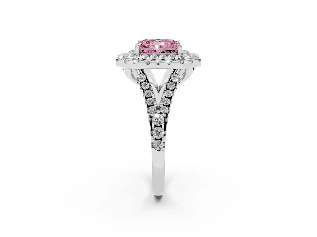 Fancy Pink Double Halo Radiant Cut Diamond Pavé Split Shank Ring with Prong Setting Silver