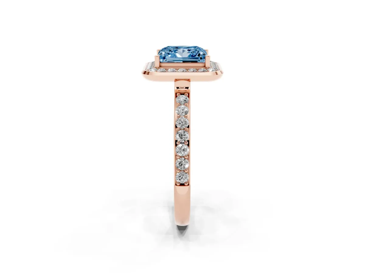 Fancy Blue Princess Cut Diamond Halo Ring with Bezel Frame and Pavé Band Rose gold