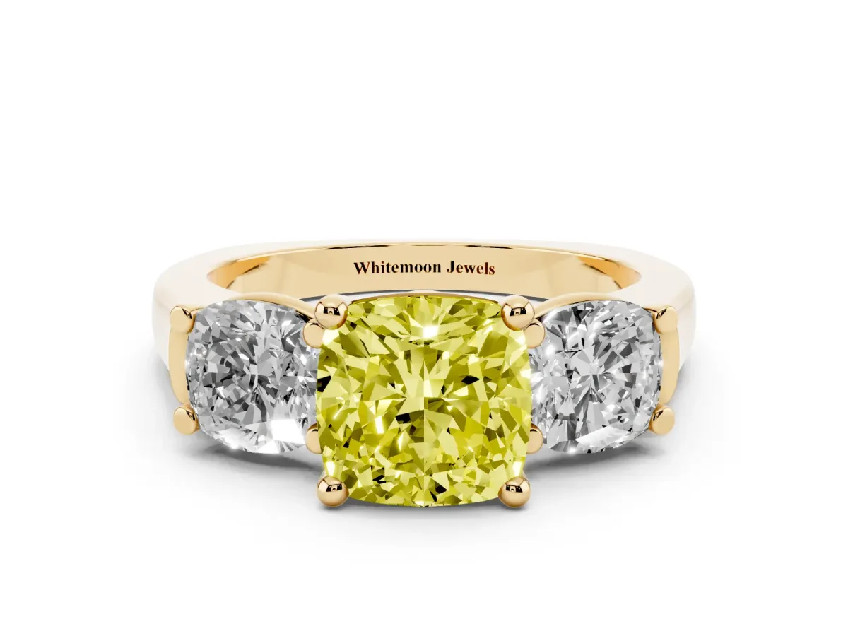 Fancy Yellow Three-Stone Cushion Cut Brilliant Diamond Trellis Ring with Comfort Fit Band Yellow gold