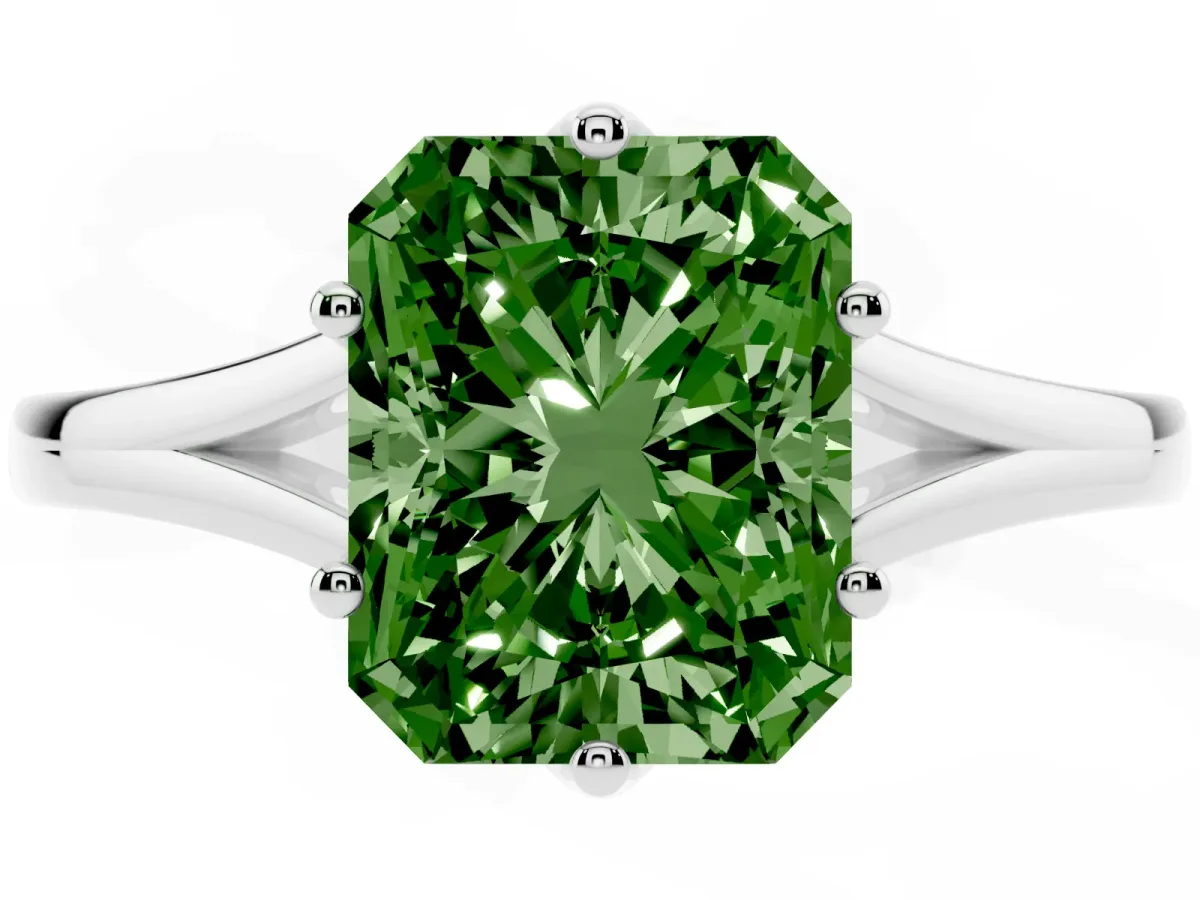 Fancy Green Radiant Cut Solitaire Diamond Ring with Six-Prong Setting and Tapered Band Silver