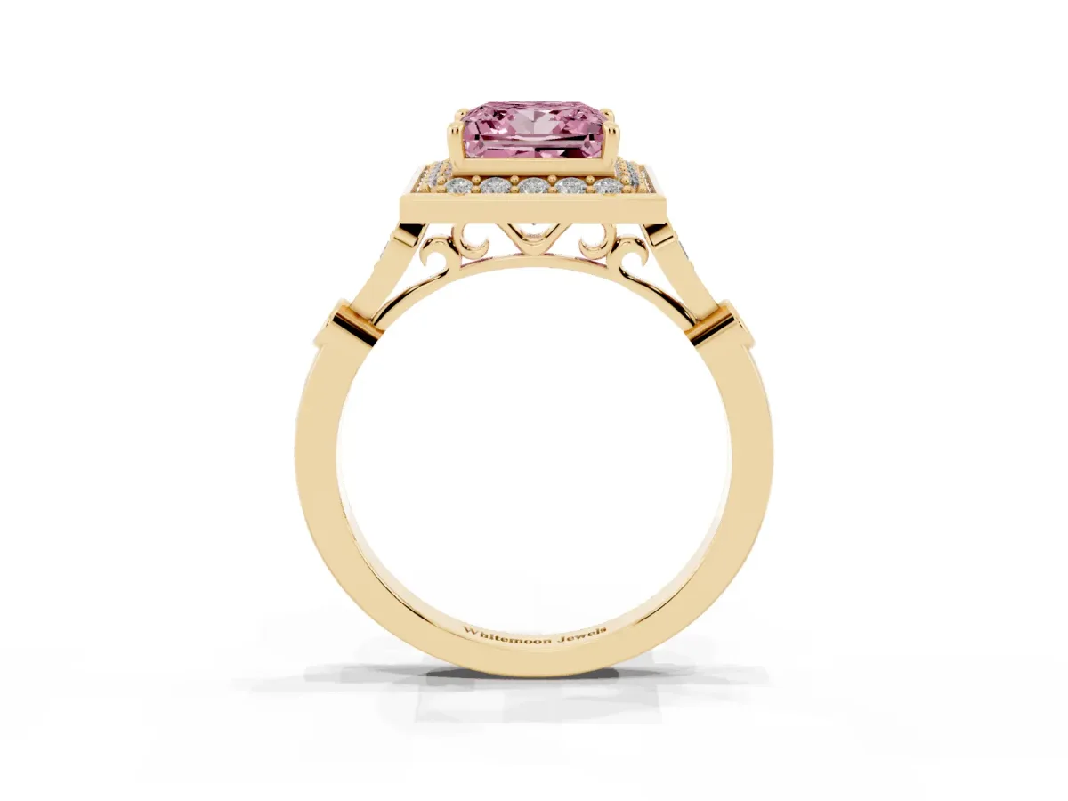 Fancy Pink Princess Cut Halo Diamond Engagement Ring with Twisted Band and Four-Prong Setting Yellow gold