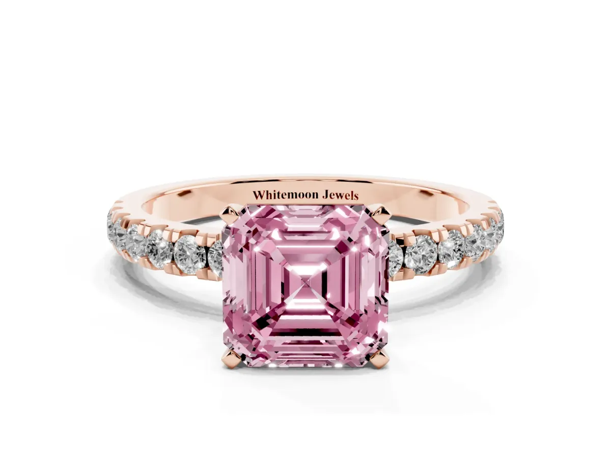 Fancy Pink Asscher Cut Diamond Solitaire Ring with Pavé Accents and Four-Prong Setting Rose gold