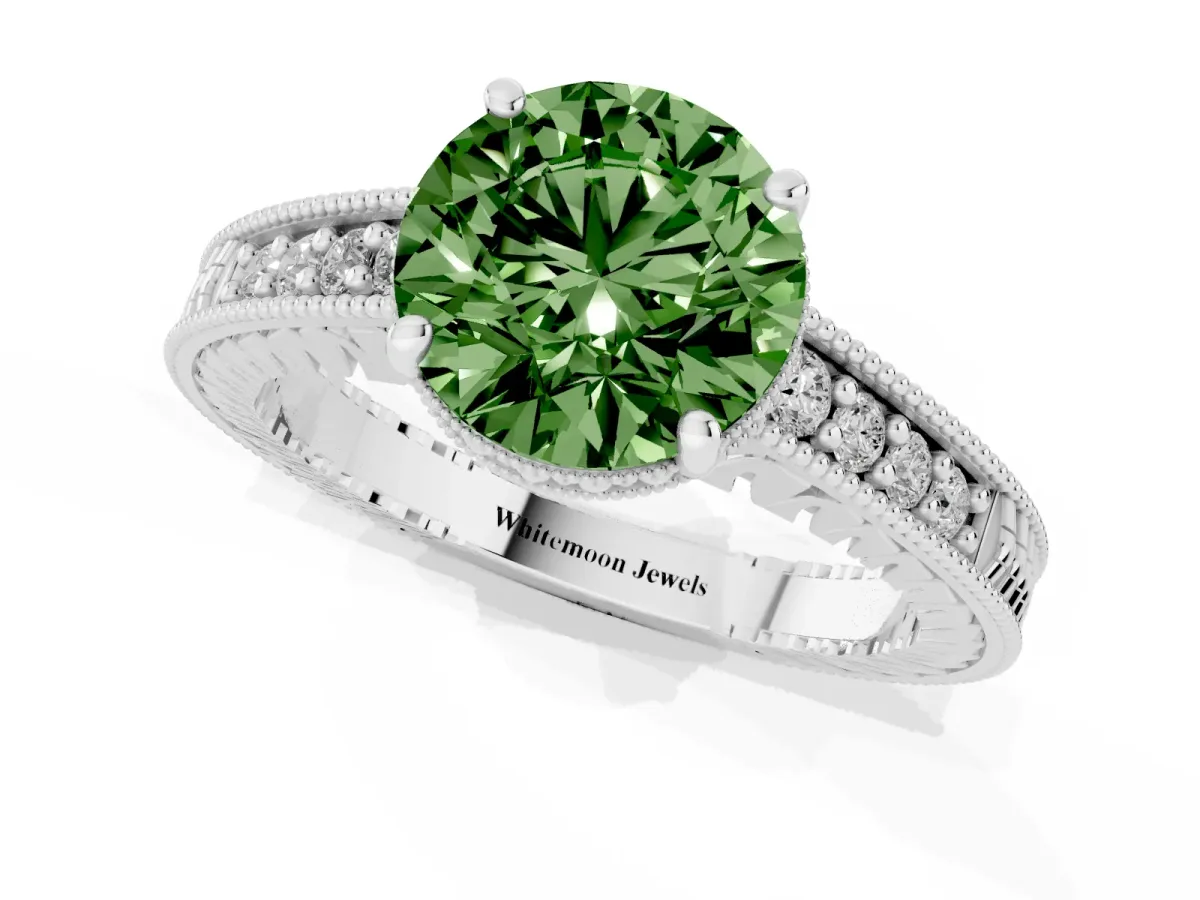 Fancy Green Round Cut Solitaire Pavé Diamond Milgrain Engagement Ring with Four-Prong Setting Silver
