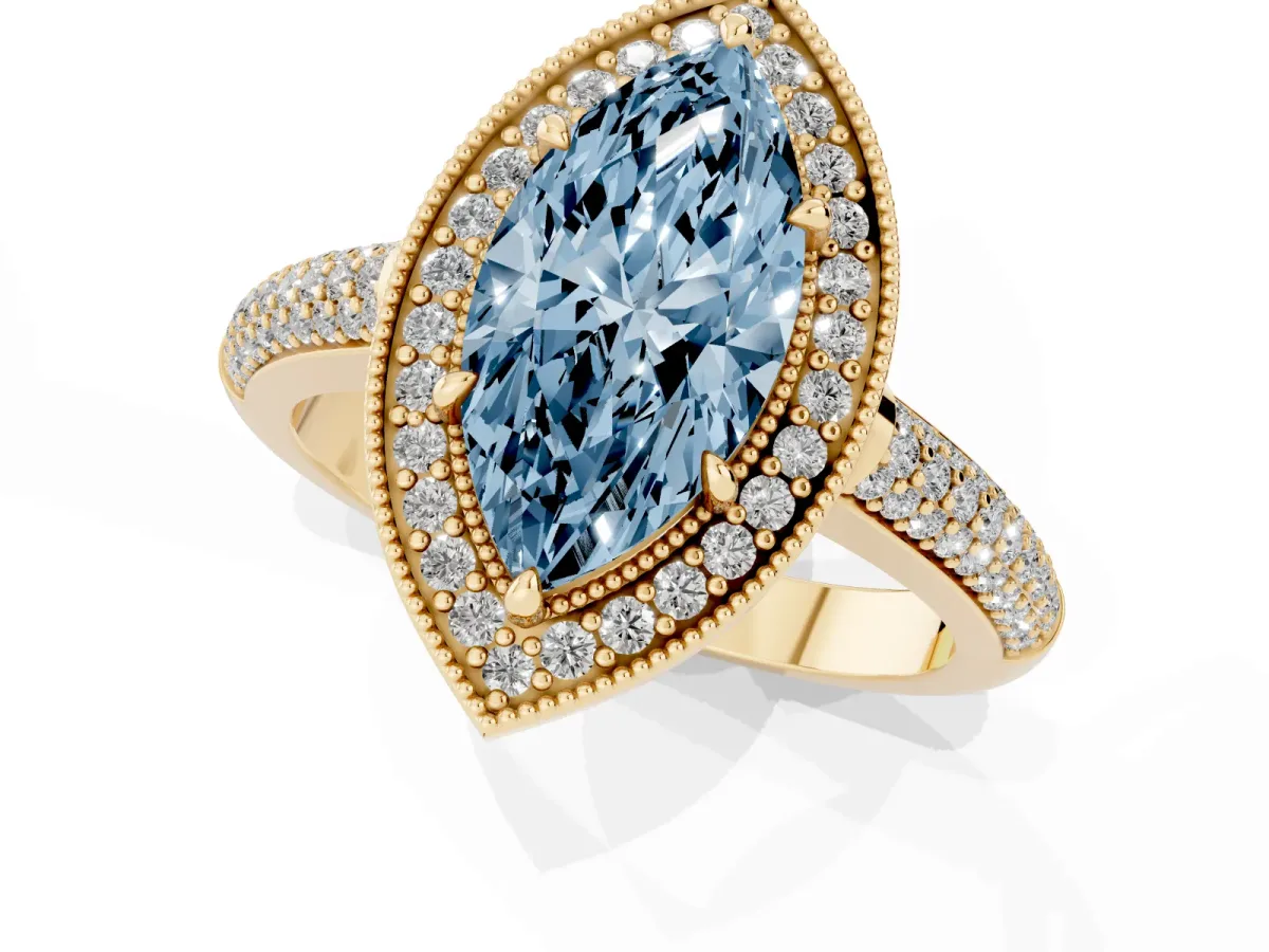 Fancy Blue Marquise Cut Cut Halo Diamond Pave Band with Four-Prong Setting Yellow gold