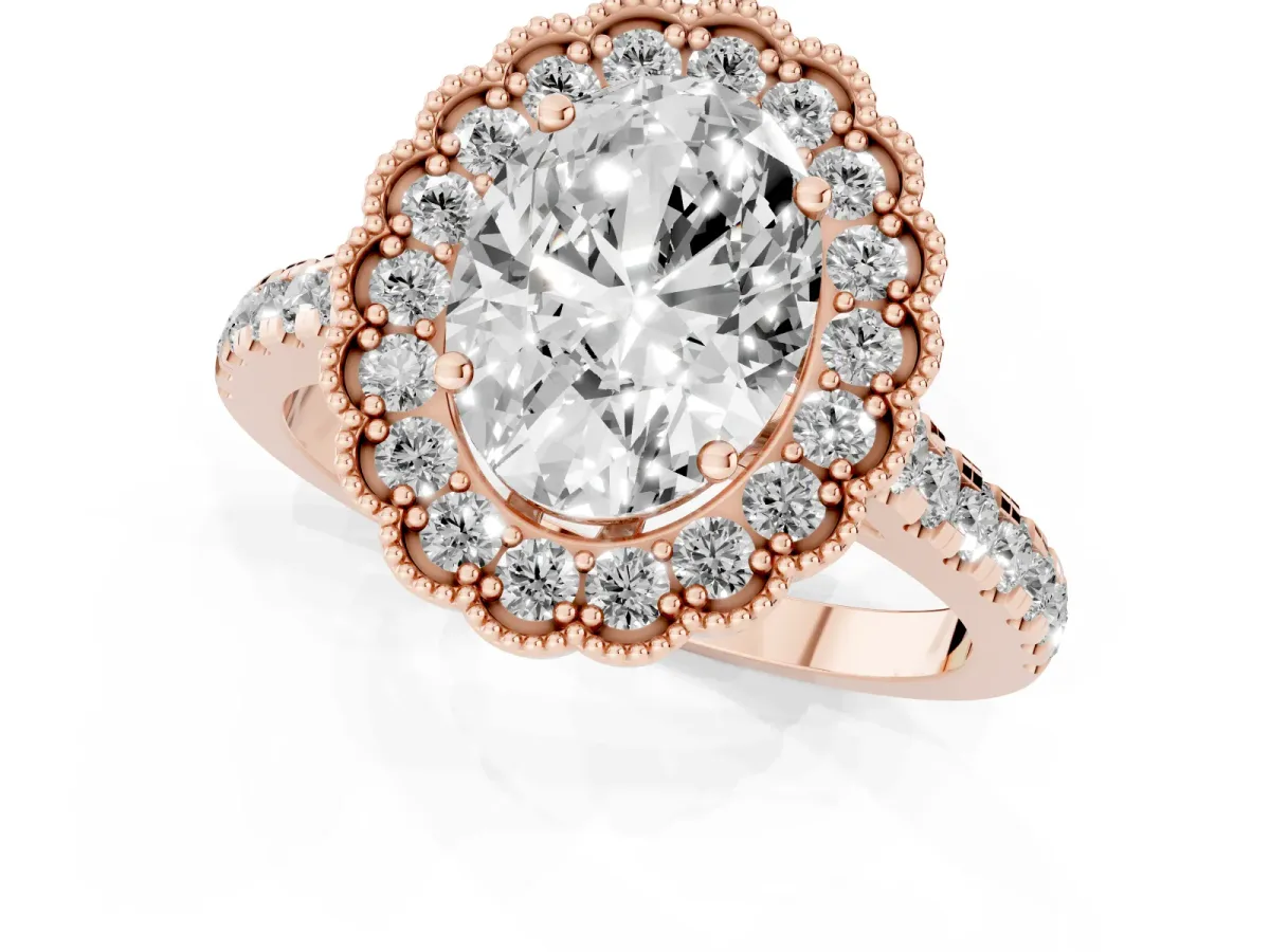Oval Cut Cut Diamond Milgrain Floral Halo Engagement Ring with Pavé Band Rose gold