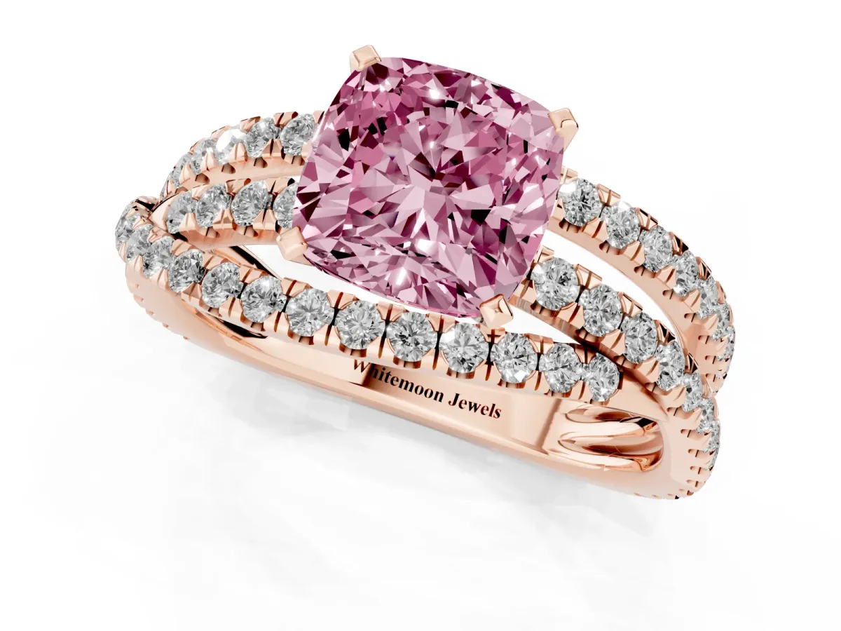 Fancy Pink Cushion Cut Solitaire Twist Band with Pavé Setting and Four-Prong Setting Rose gold
