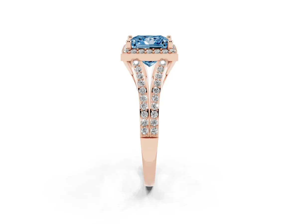 Fancy Blue Princess Cut Halo Split Shank Diamond Ring with Prong Setting Rose gold