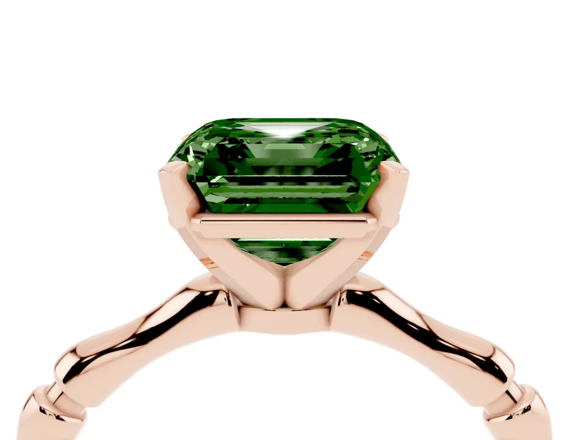 Fancy Green Asscher Cut Solitaire Diamond Ring with Bamboo Band and Four-Prong Setting Rose gold