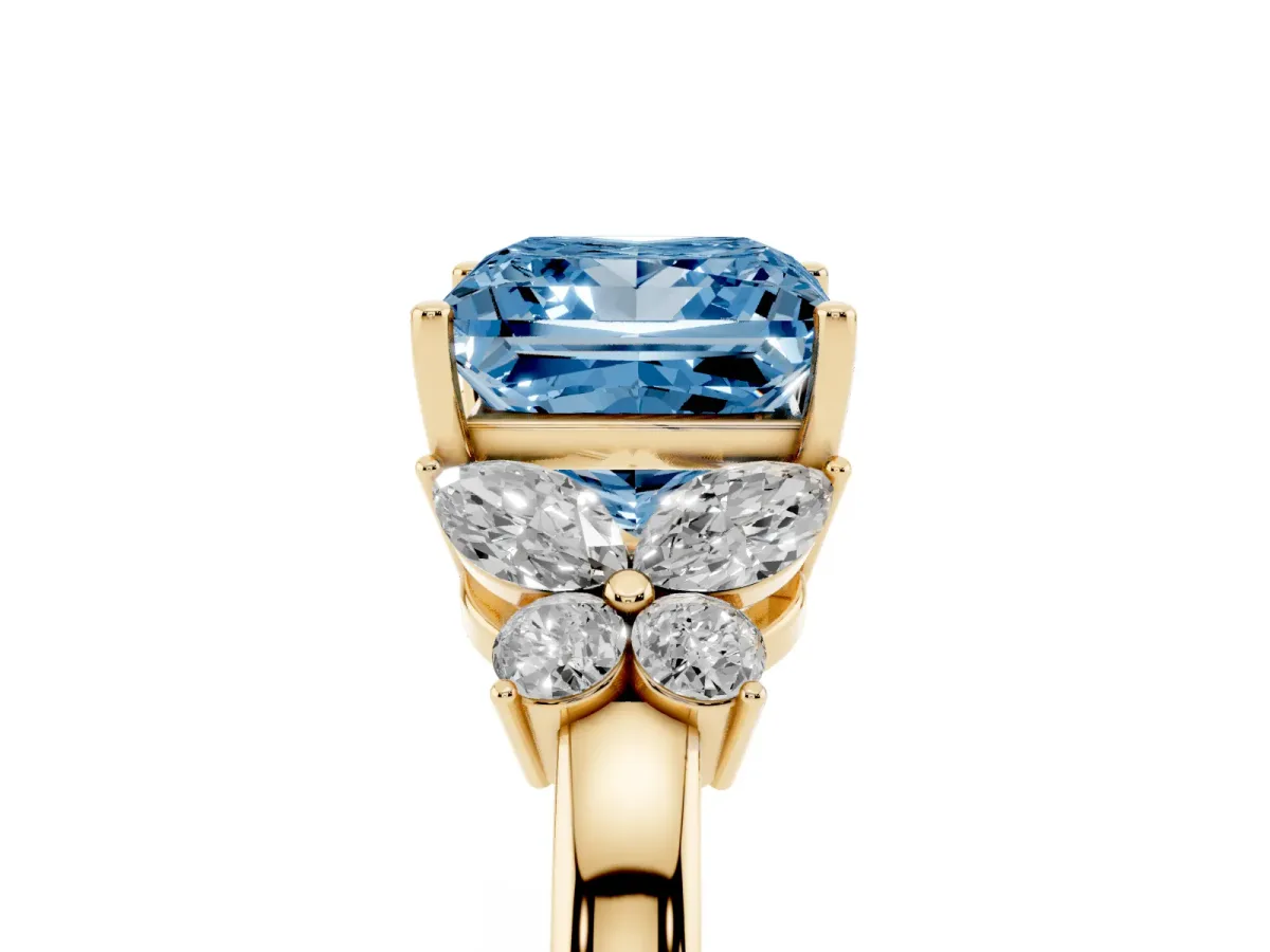 Fancy Blue Princess Cut Cut Solitaire Floral Diamond Ring with Four-Prong Setting Yellow gold