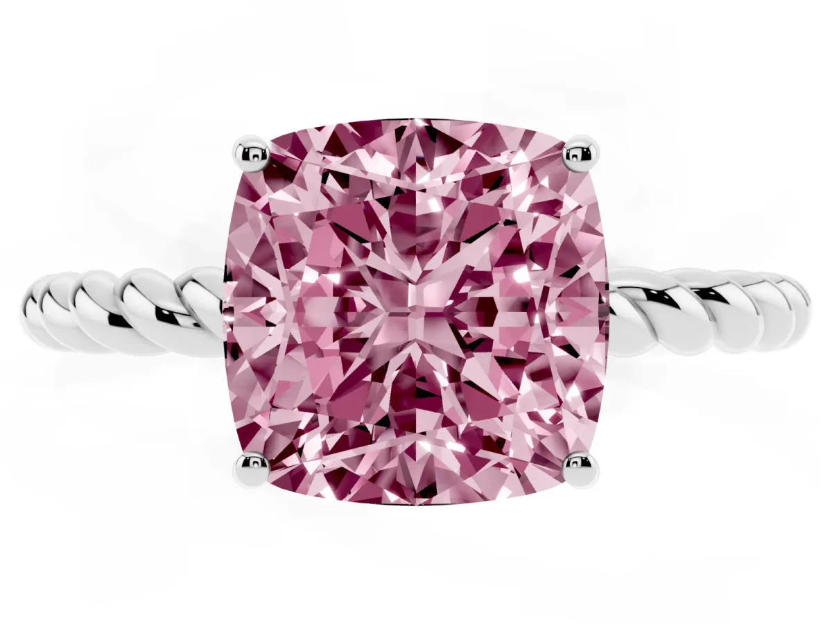 Fancy Pink Cushion Cut Solitaire Twist Band Ring with Four-Prong Setting Platinum