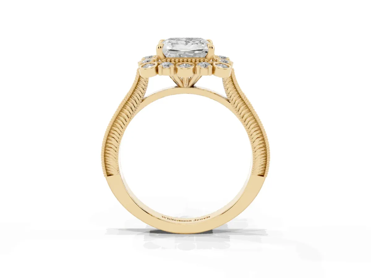 Princess Cut Halo Milgrain Pave Diamond Ring with Four-Prong Setting Yellow gold