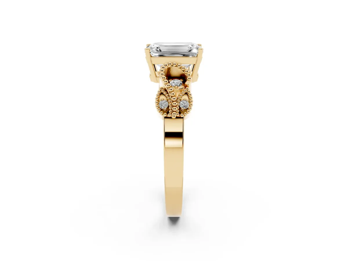 Emerald Cut Solitaire Milgrain Leaf Band with Prong Setting Yellow gold