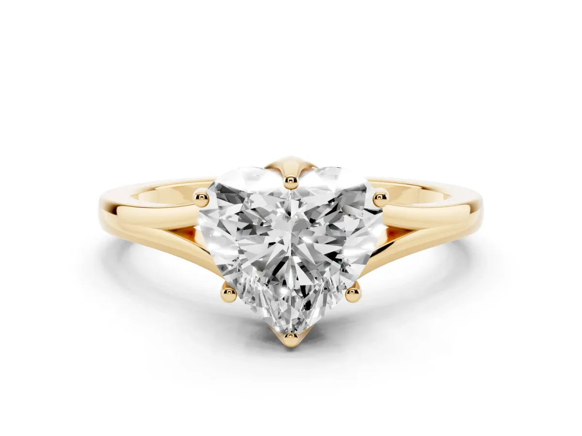 Heart Cut Solitaire Diamond Ring with Six-Prong Setting and Tapered Band Yellow gold
